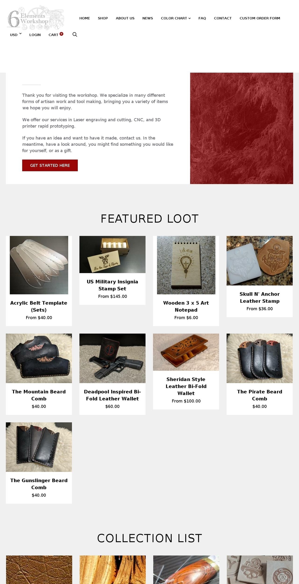 sixelementsworkshop.com shopify website screenshot