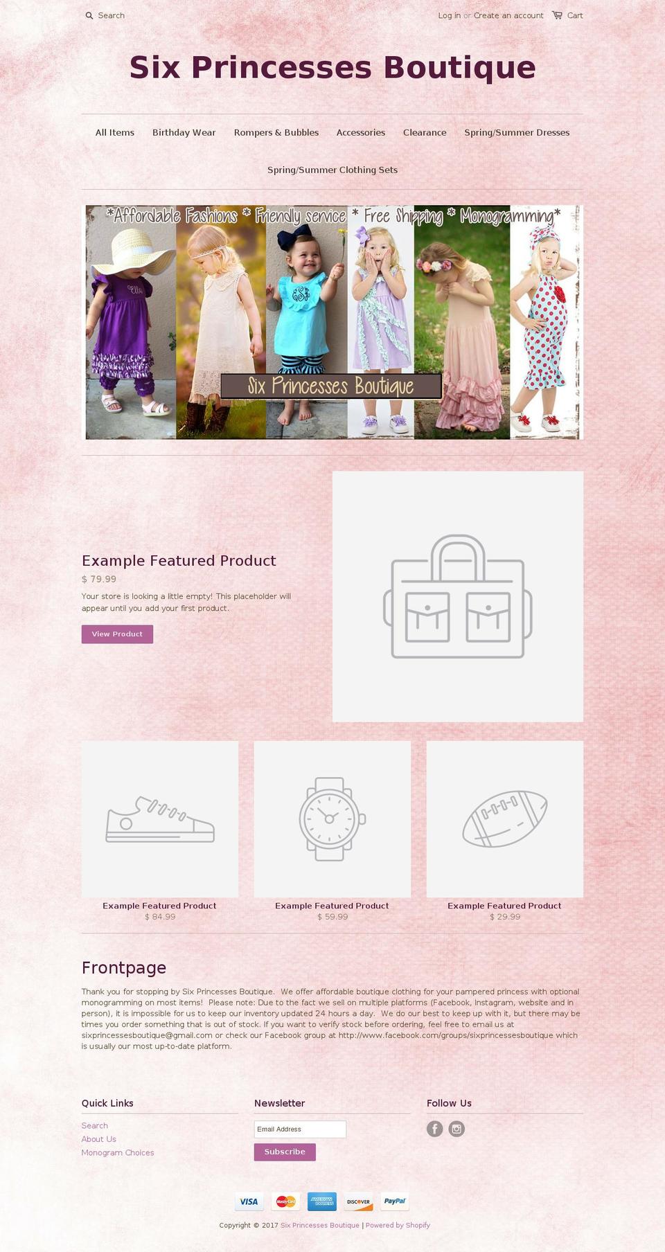 sixprincessesboutique.com shopify website screenshot