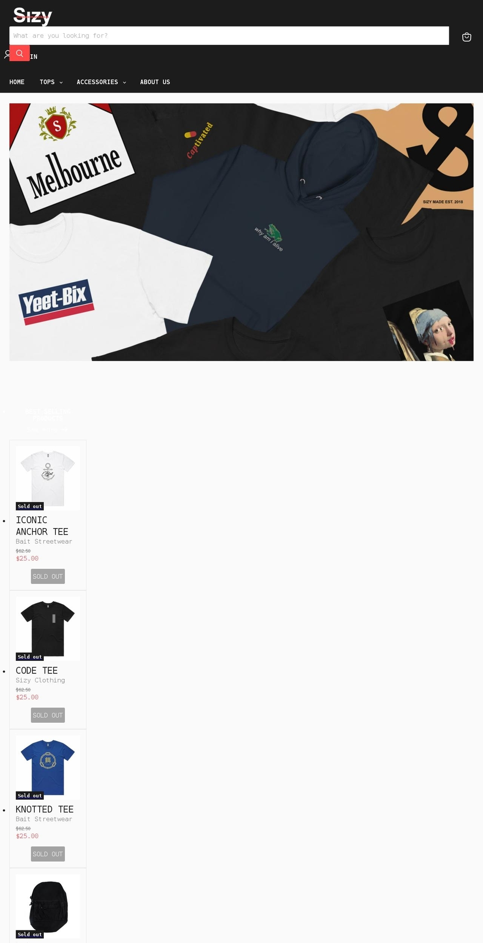 sizyclothing.com — Shopify storefront screenshot