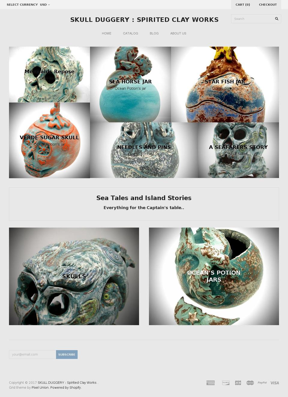 skullduggeryspiritedclayworks.com shopify website screenshot