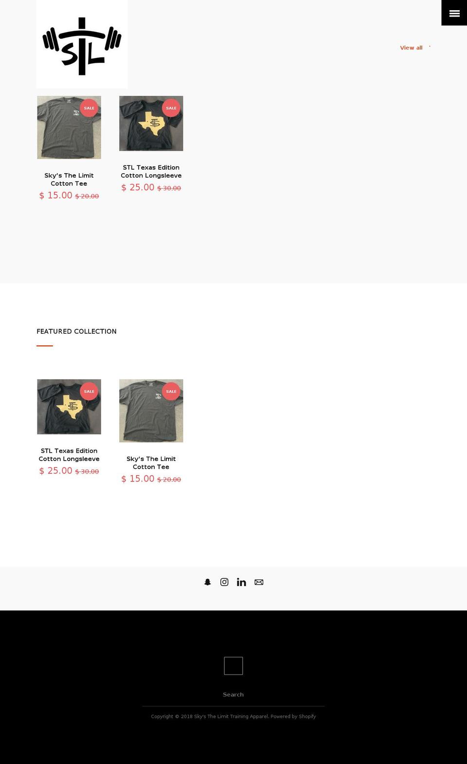 skysthelimittrainingapparel.com — Shopify storefront screenshot