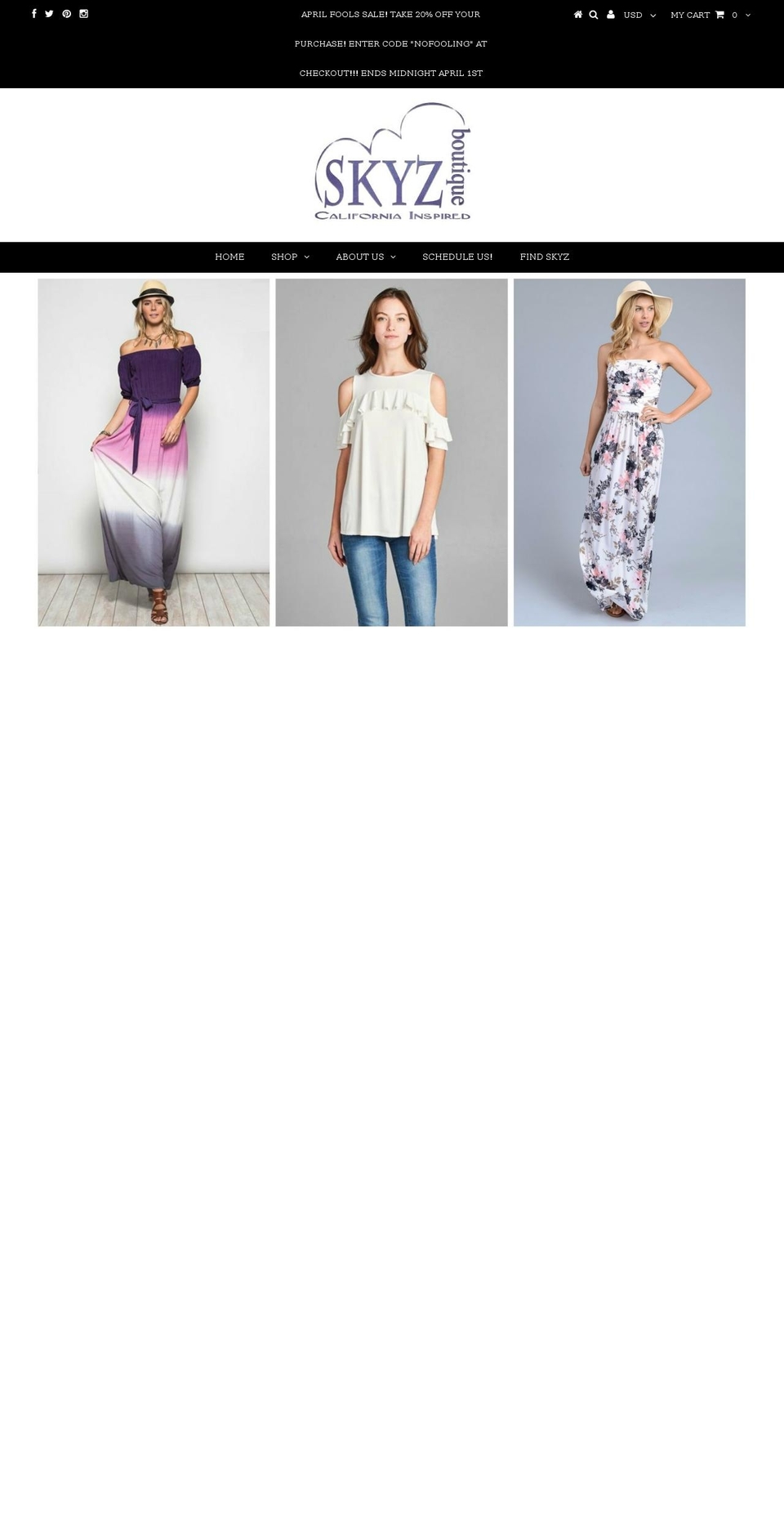 skyzboutique.com shopify website screenshot