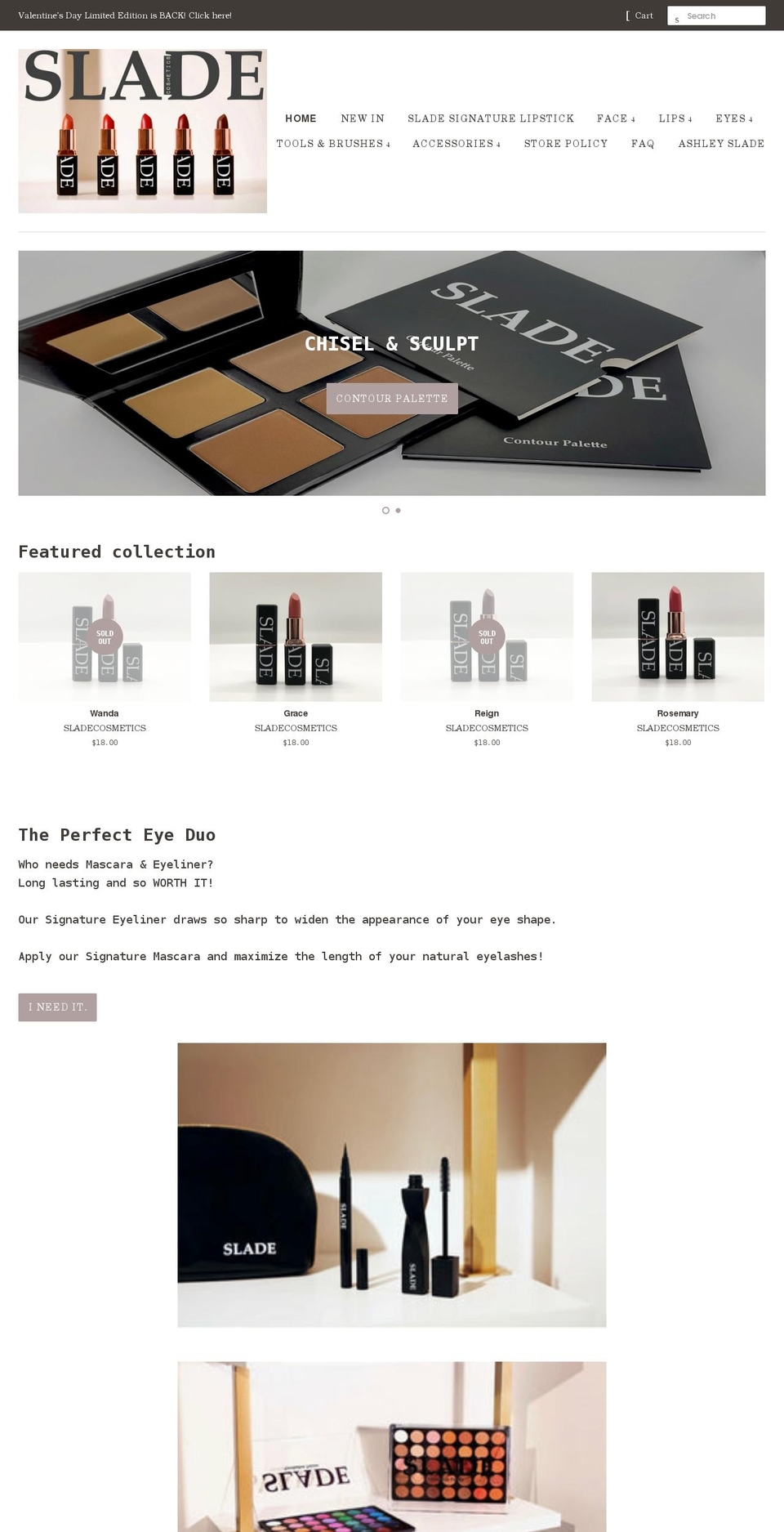 sladecosmetics.com shopify website screenshot