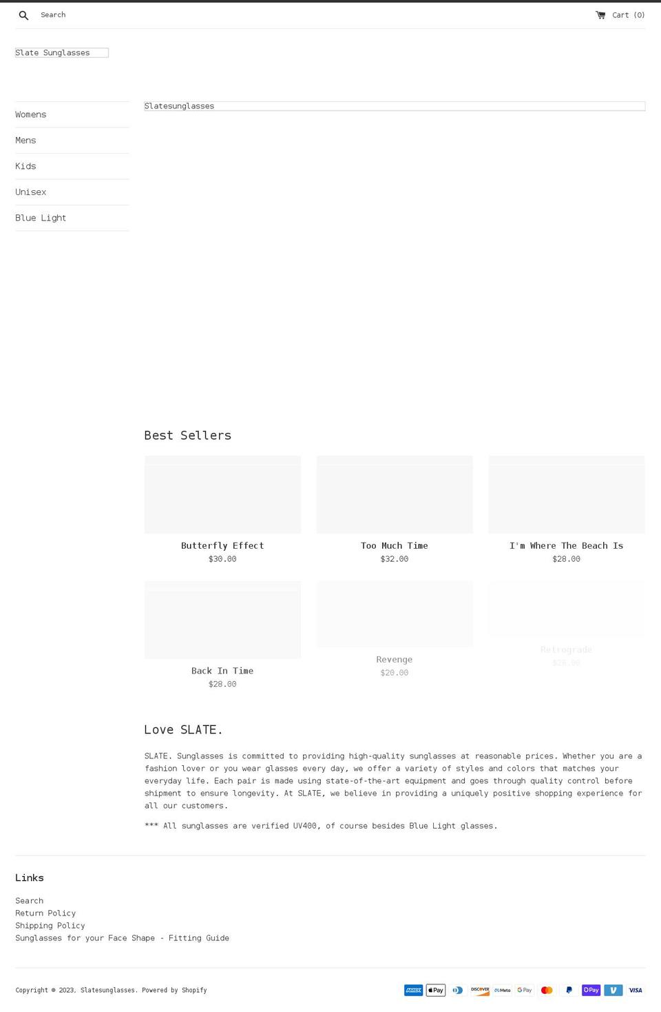 slatesunglasses.com shopify website screenshot