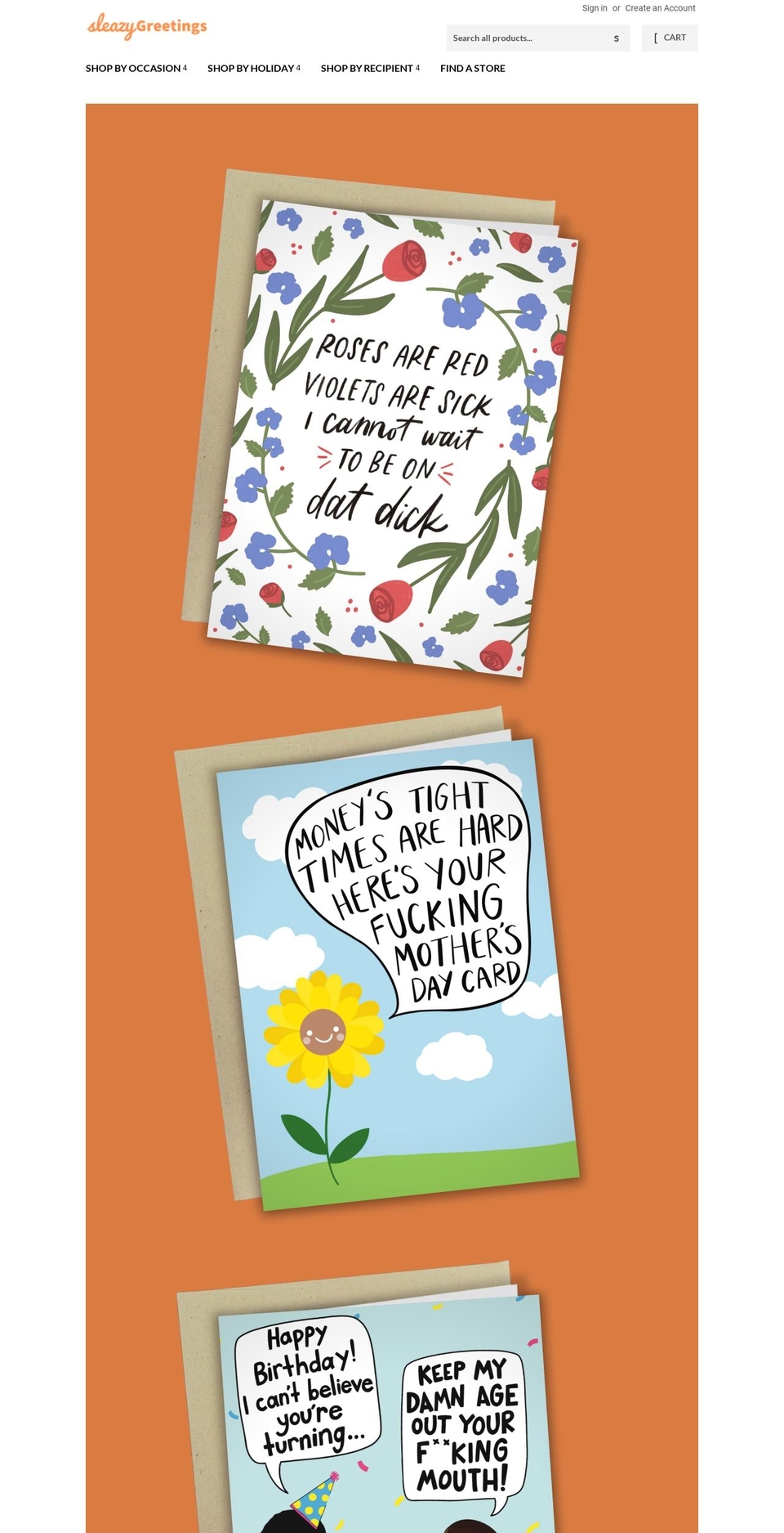 sleazygreetings.com shopify website screenshot