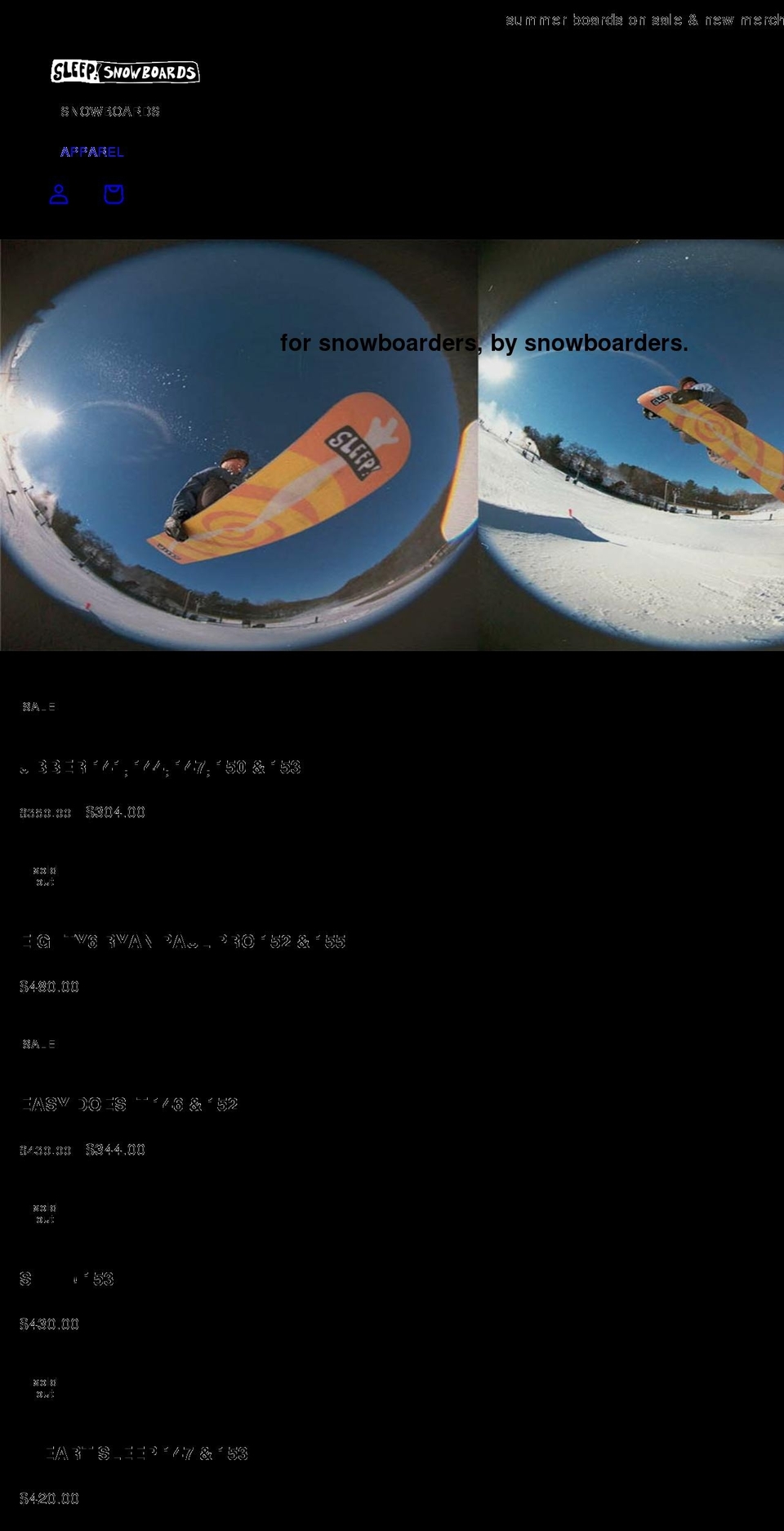 sleepsnowboards.com shopify website screenshot