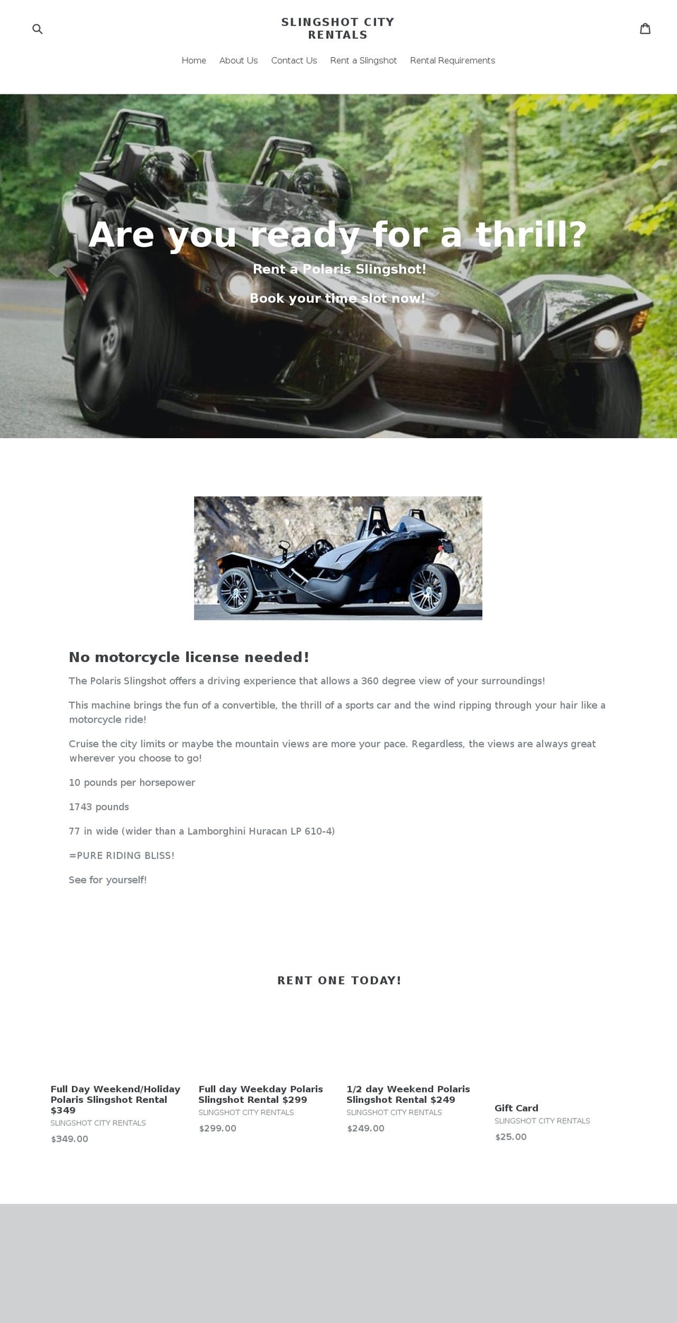 slingshotcityrentals.com shopify website screenshot
