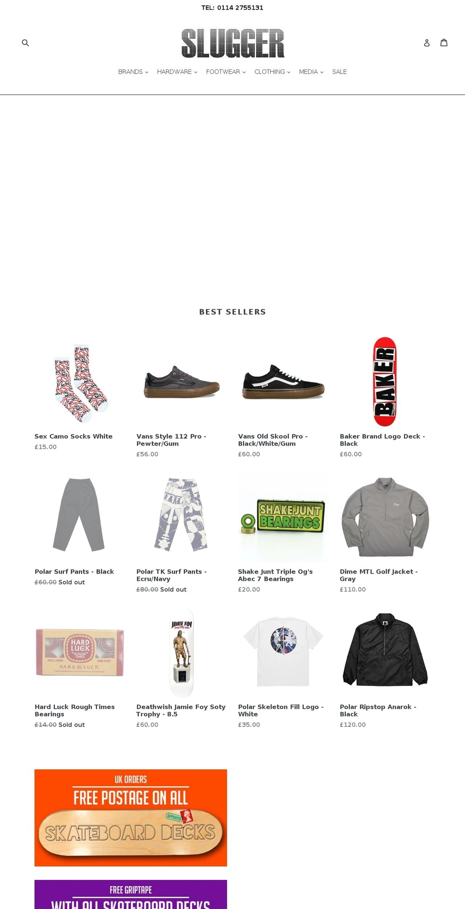 sluggerskatestore.co.uk shopify website screenshot