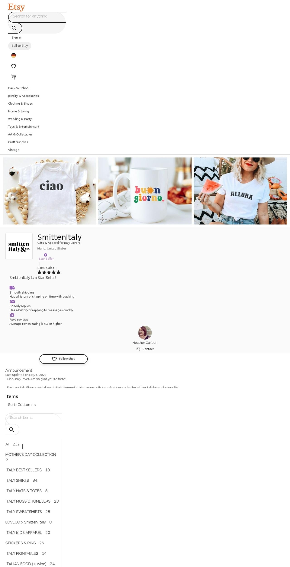 smittenitalyshop.co shopify website screenshot