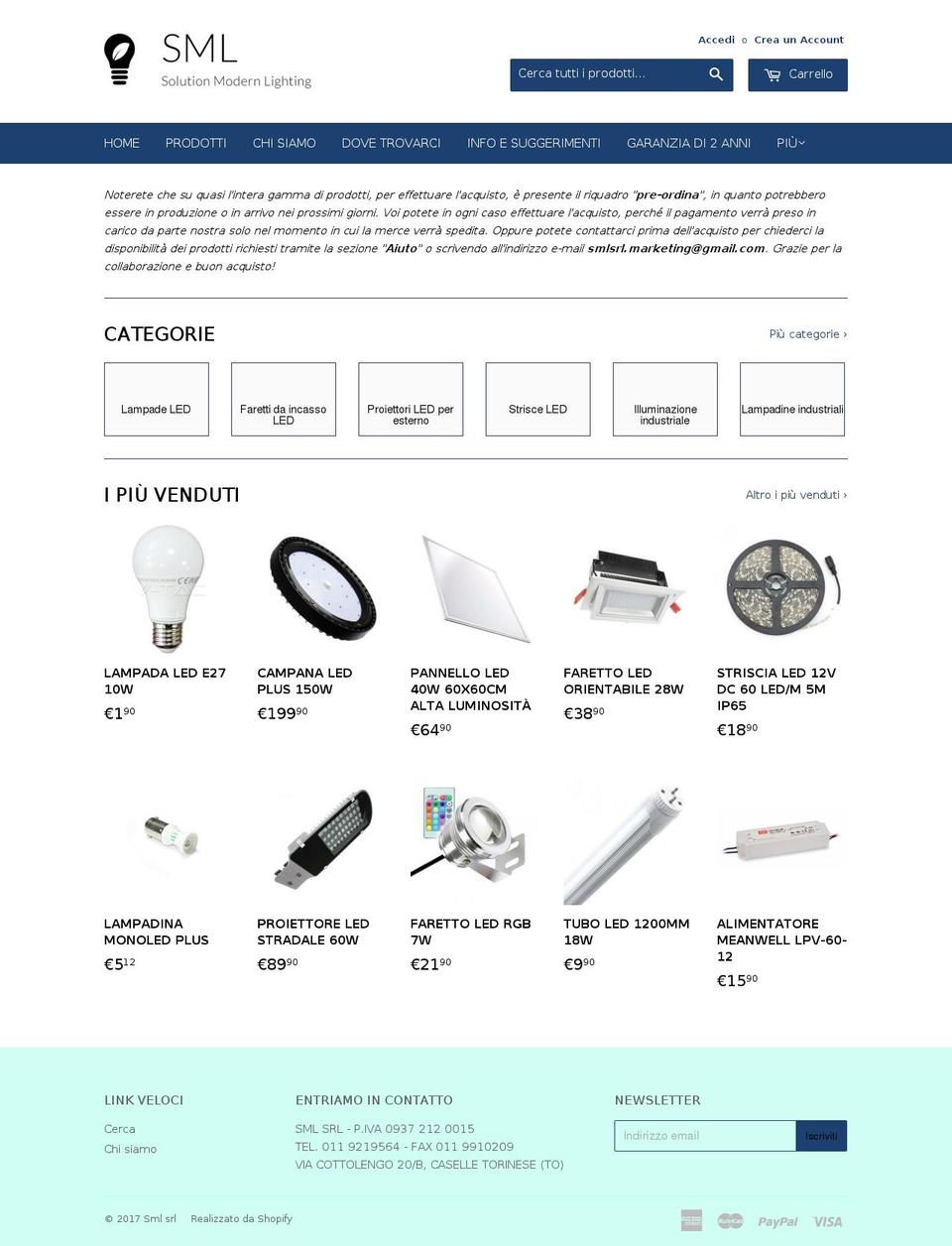 smlsrl.com shopify website screenshot