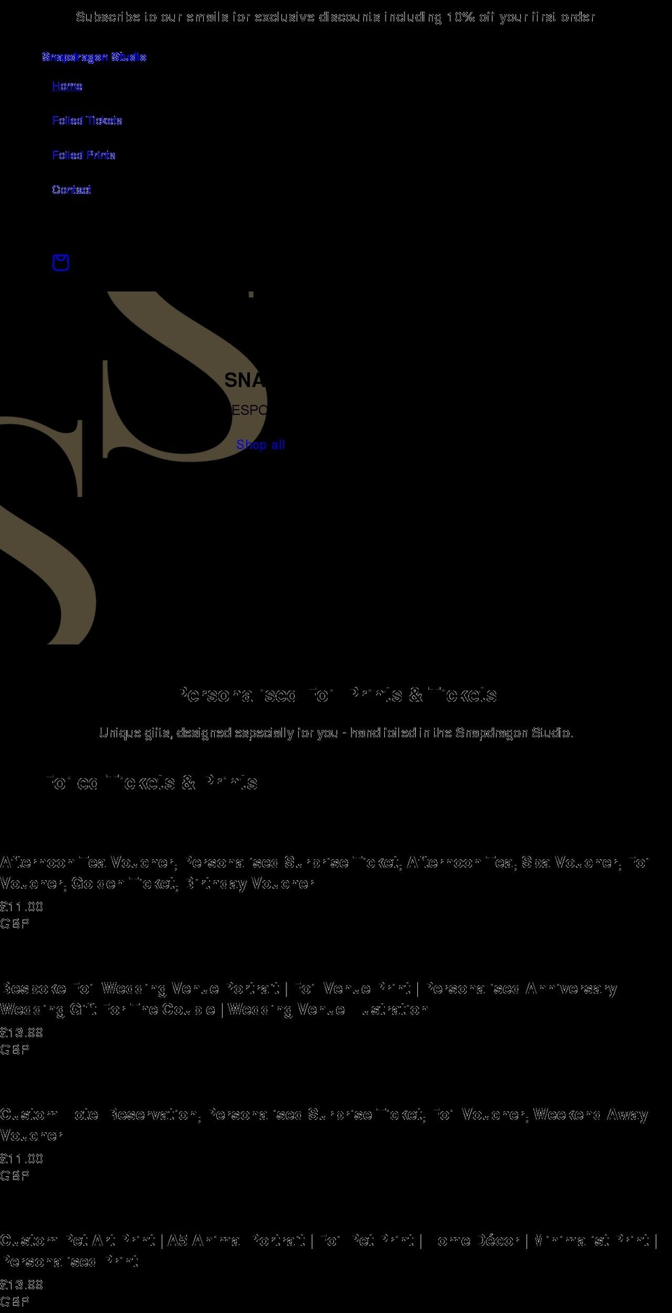 snapdragonprints.com shopify website screenshot