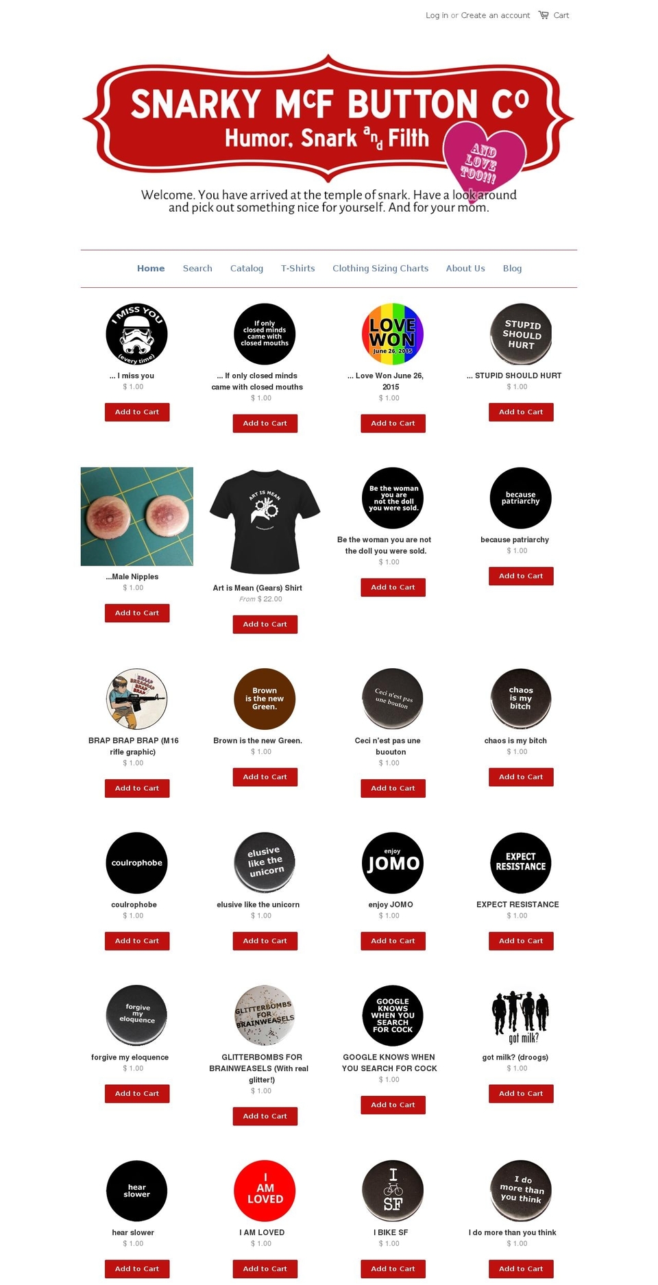 snarkybuttons.com shopify website screenshot