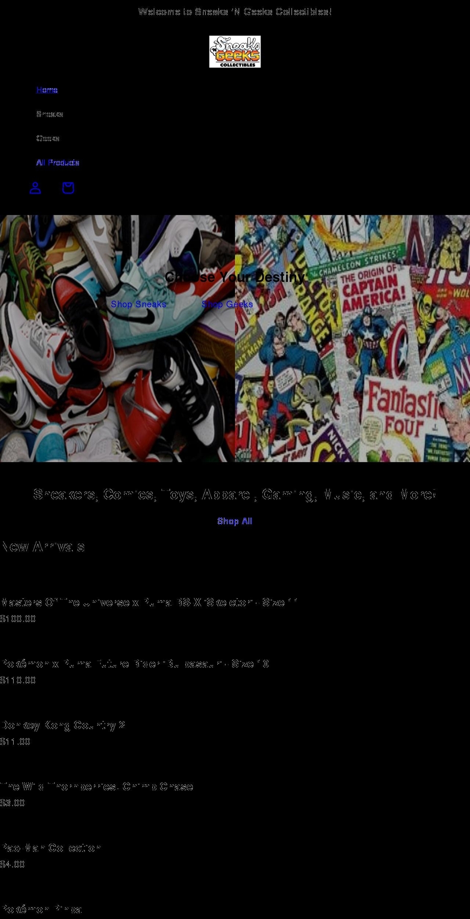 sneaksngeekscollectibles.com shopify website screenshot