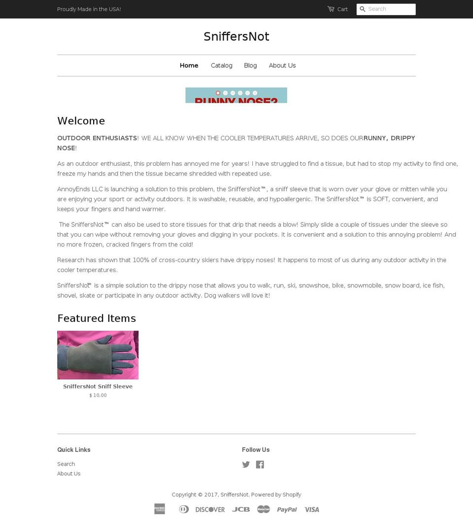 sniffersnot.com shopify website screenshot
