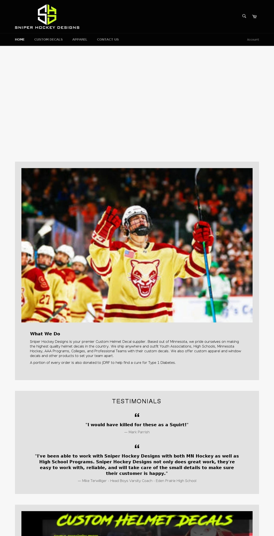 sniperhockeydesigns.com shopify website screenshot