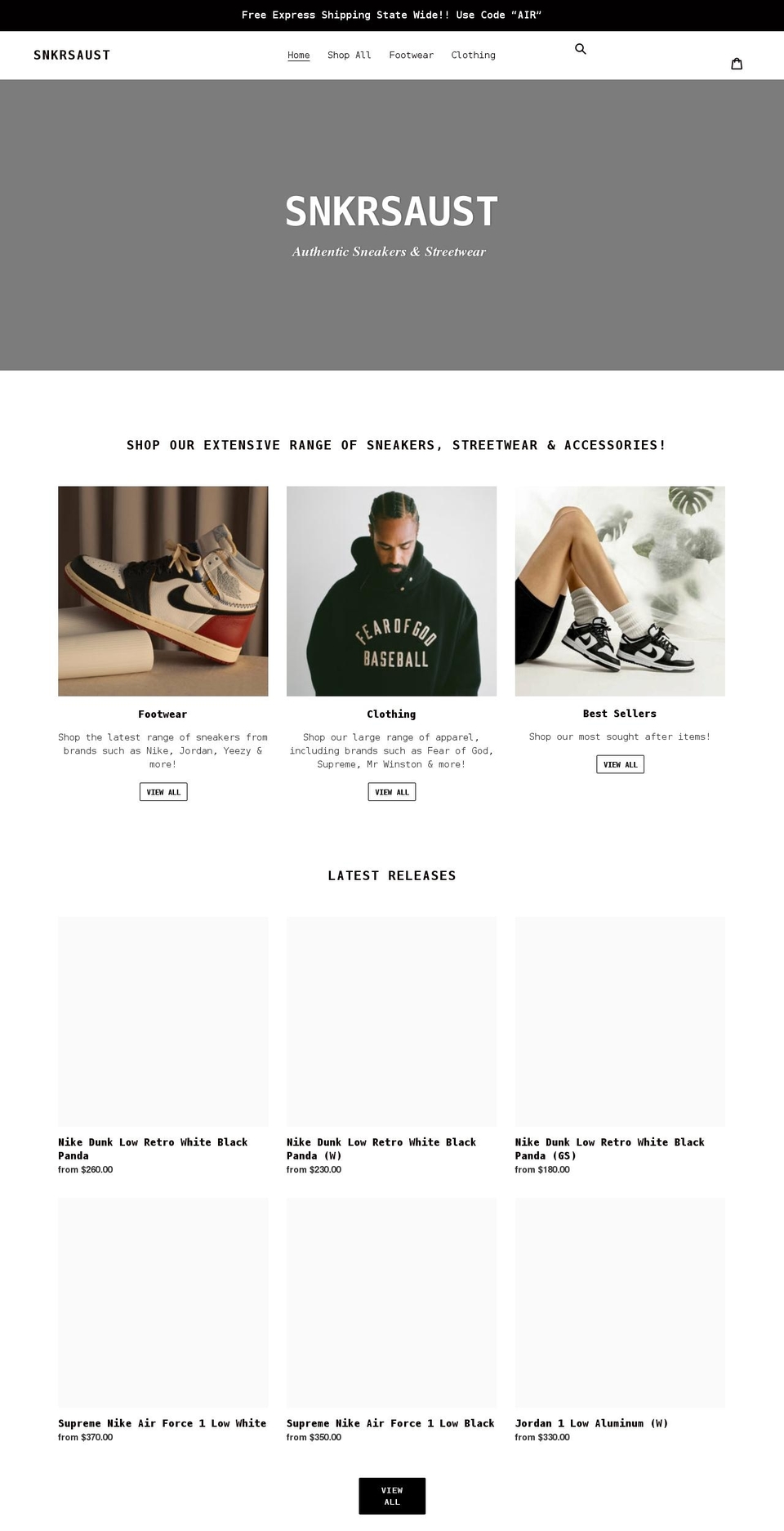 snkrsaust.com shopify website screenshot