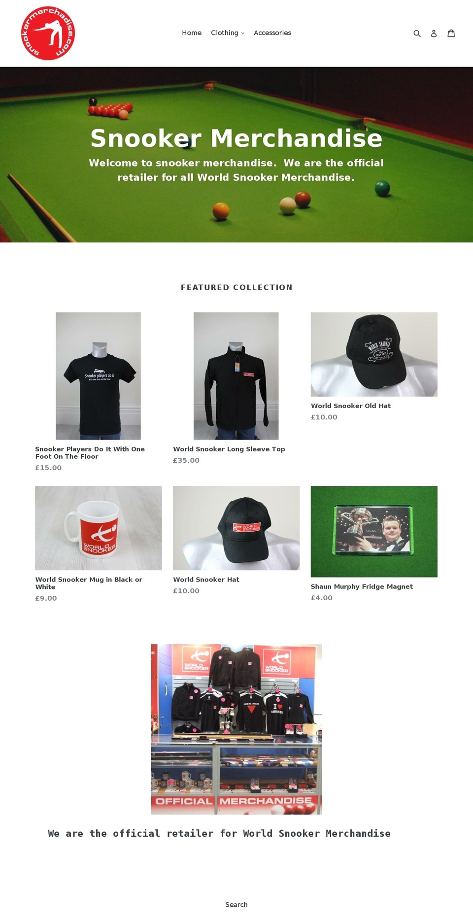snookermerchandise.com — Shopify storefront screenshot