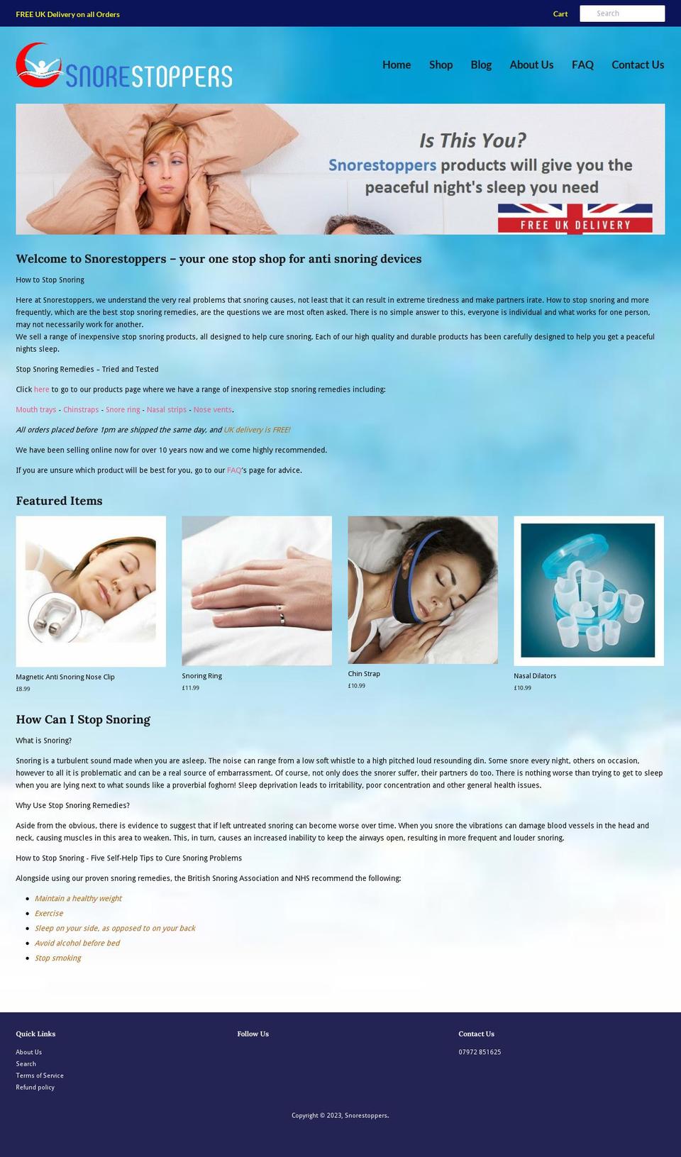 snorestoppers.co.uk shopify website screenshot