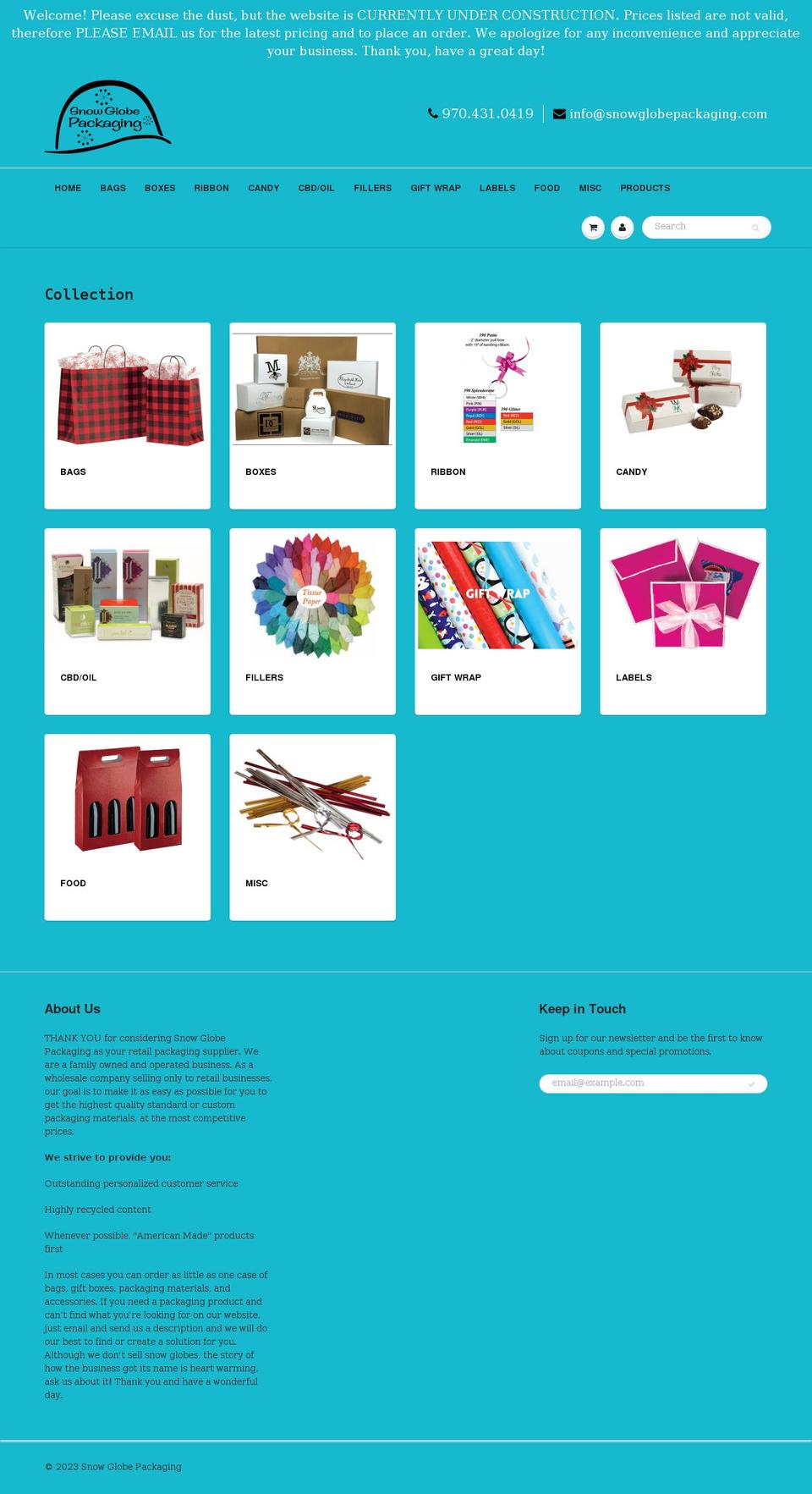 snowglobepackaging.com shopify website screenshot