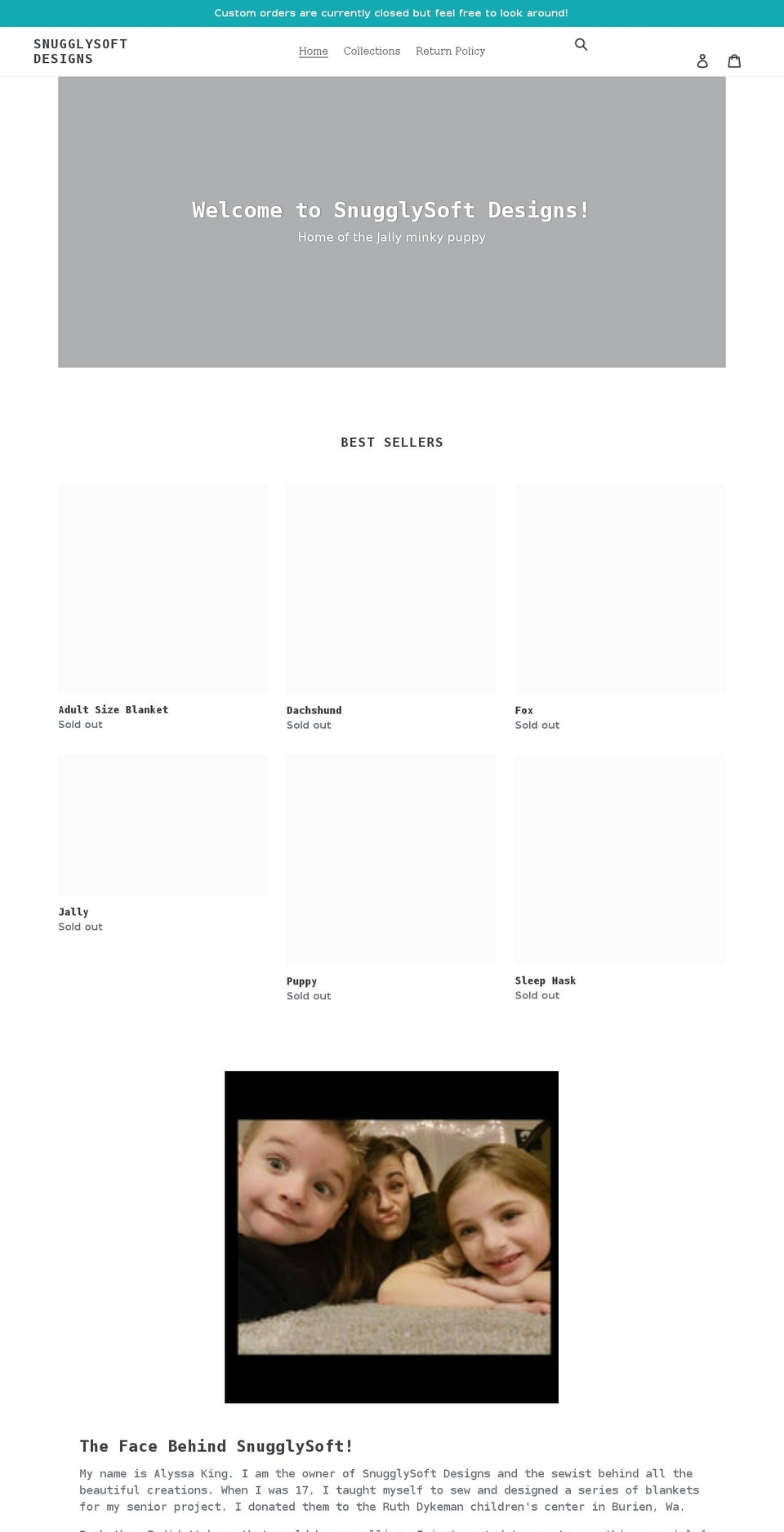 snugglysoftdesigns.com shopify website screenshot