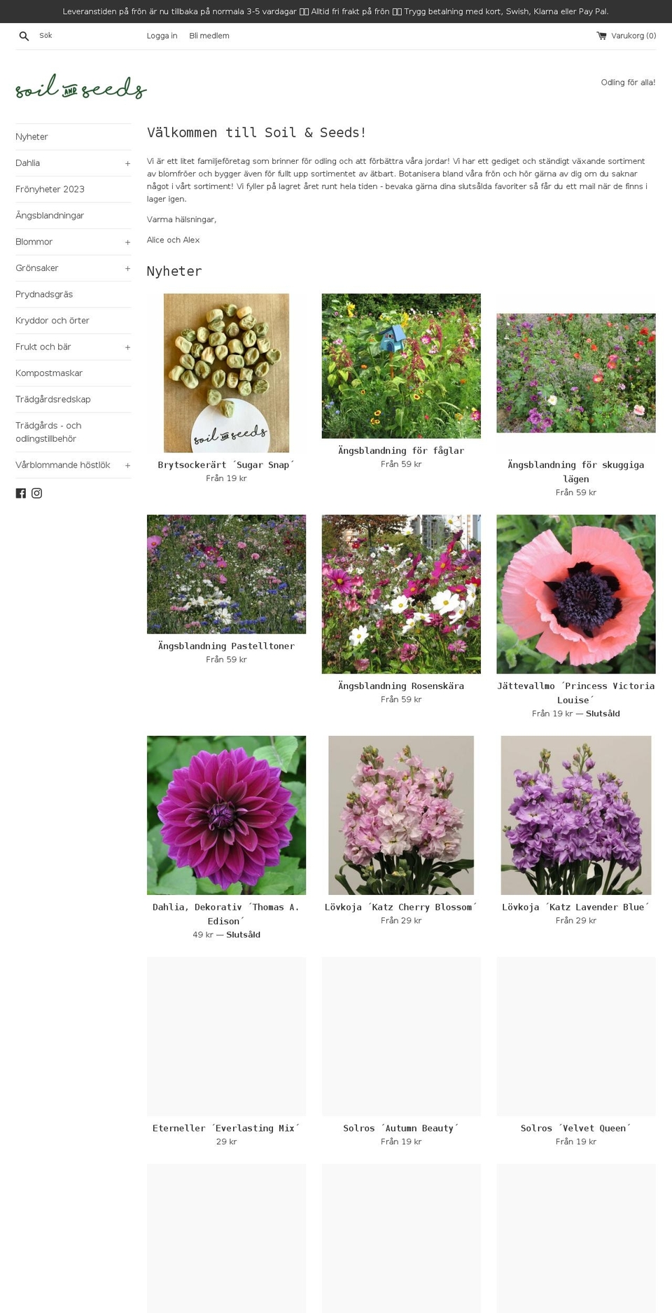 soilandseeds.se shopify website screenshot