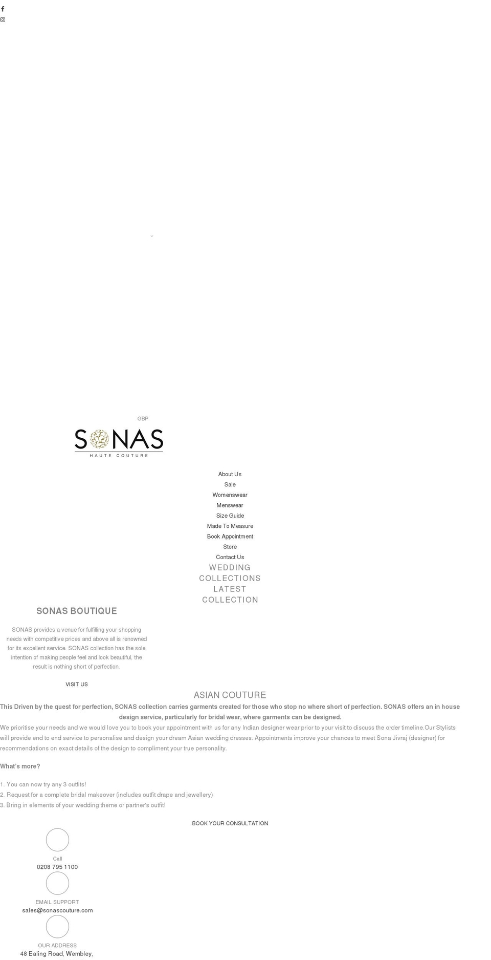 sonascouture.com shopify website screenshot