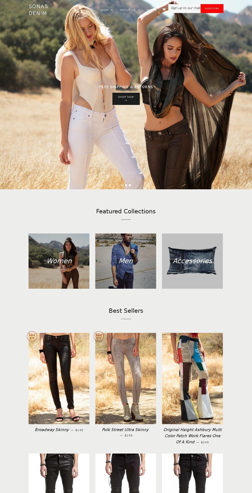 sonasdenim.com shopify website screenshot