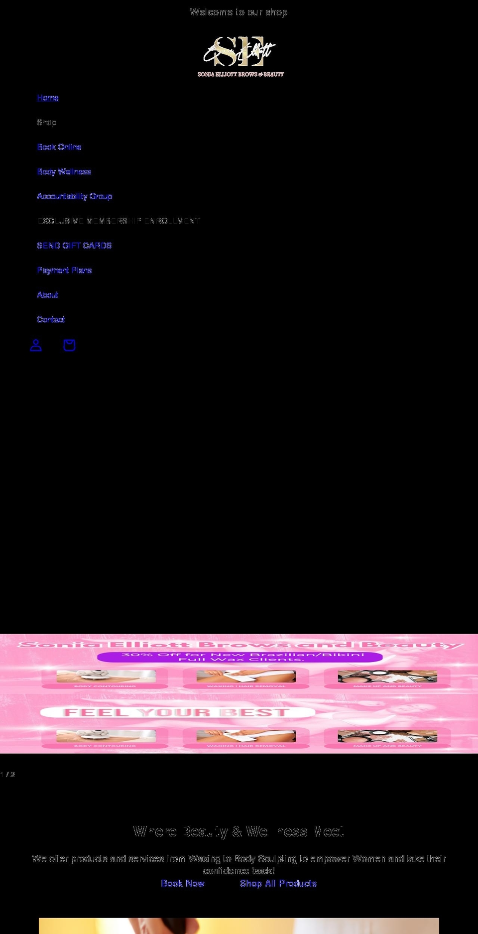 soniaelliottbrowsbeauty.com shopify website screenshot