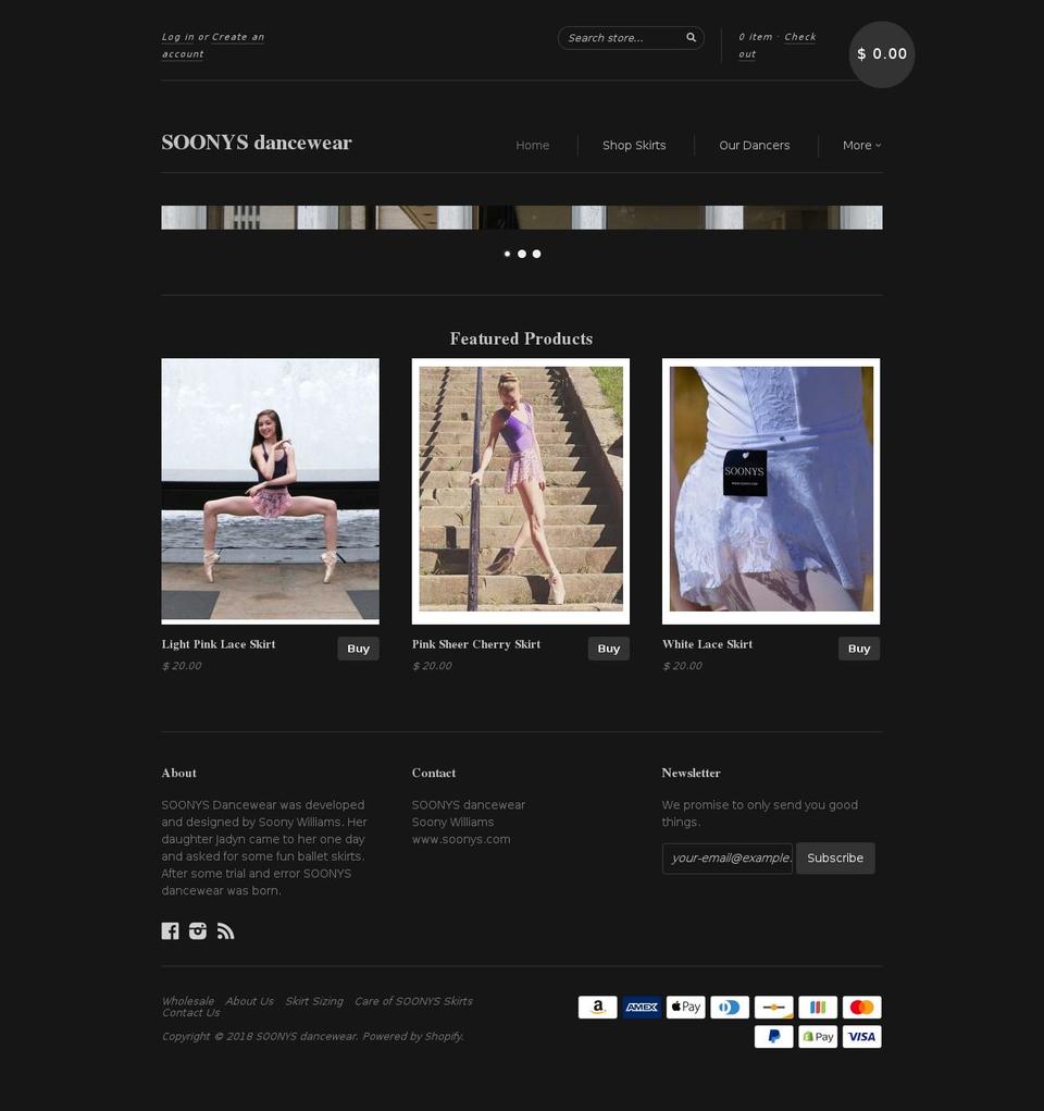 soonysdancewear.com — Shopify storefront screenshot