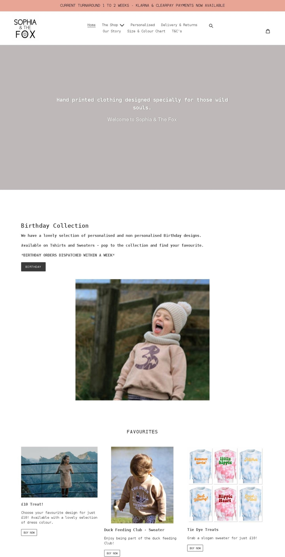 sophiaandthefox.co.uk shopify website screenshot