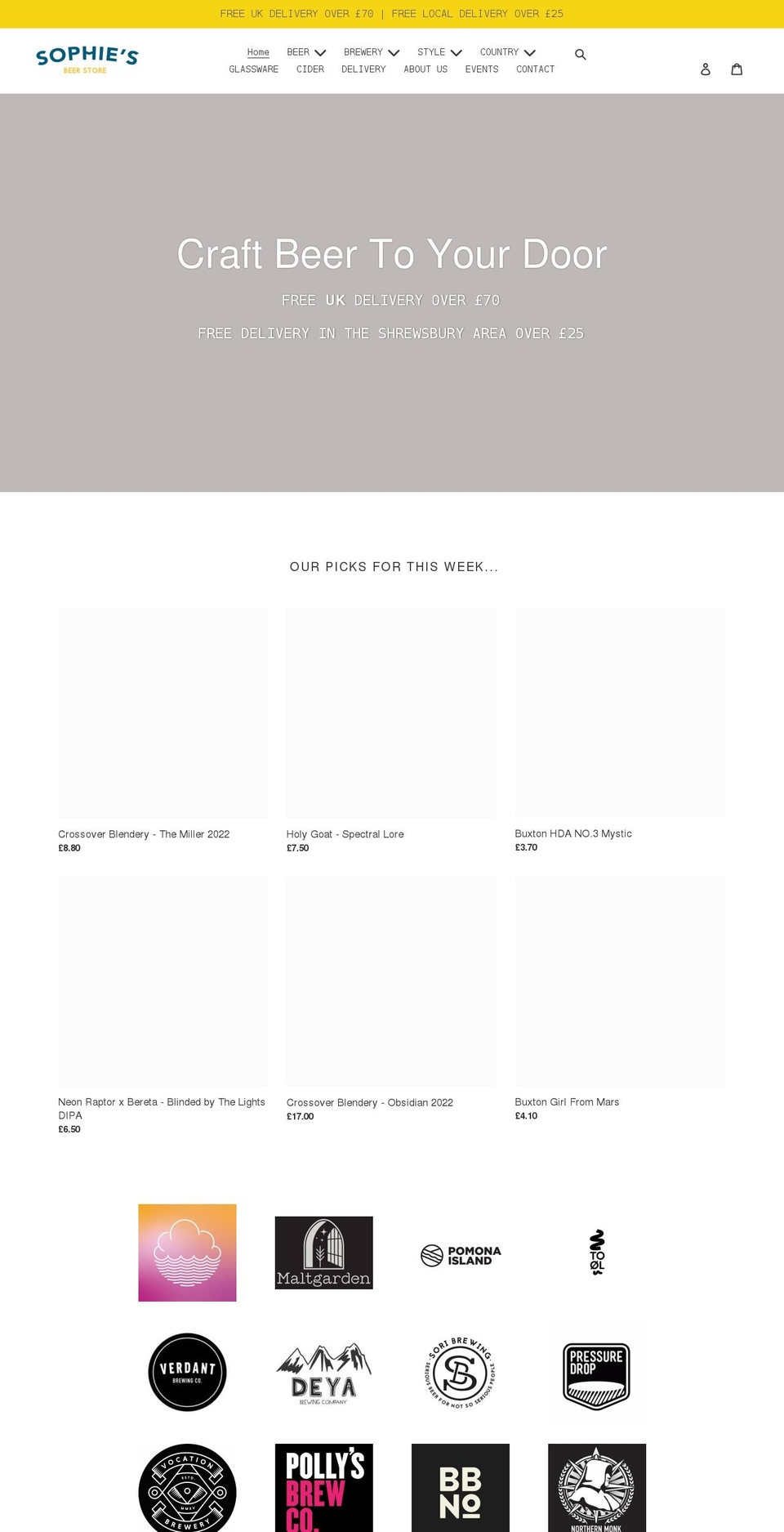 sophiesbeerstore.co.uk shopify website screenshot