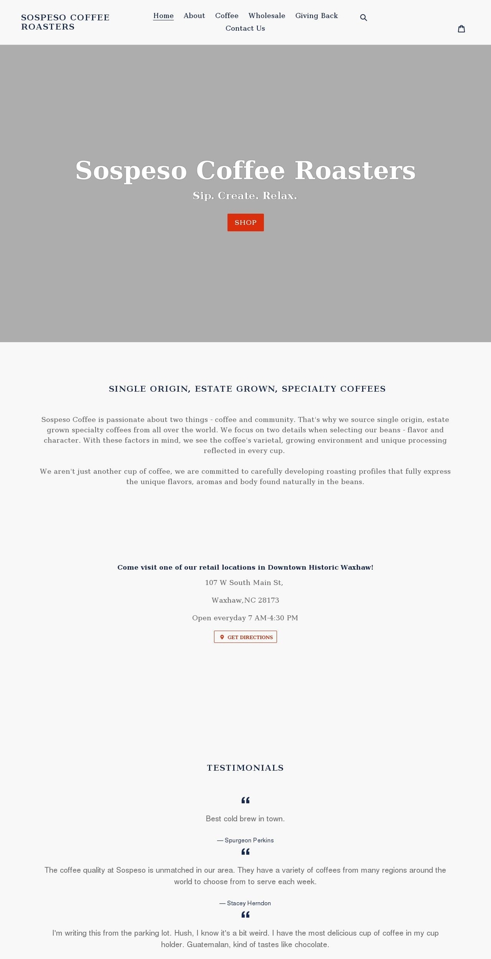 sospesocoffee.com shopify website screenshot