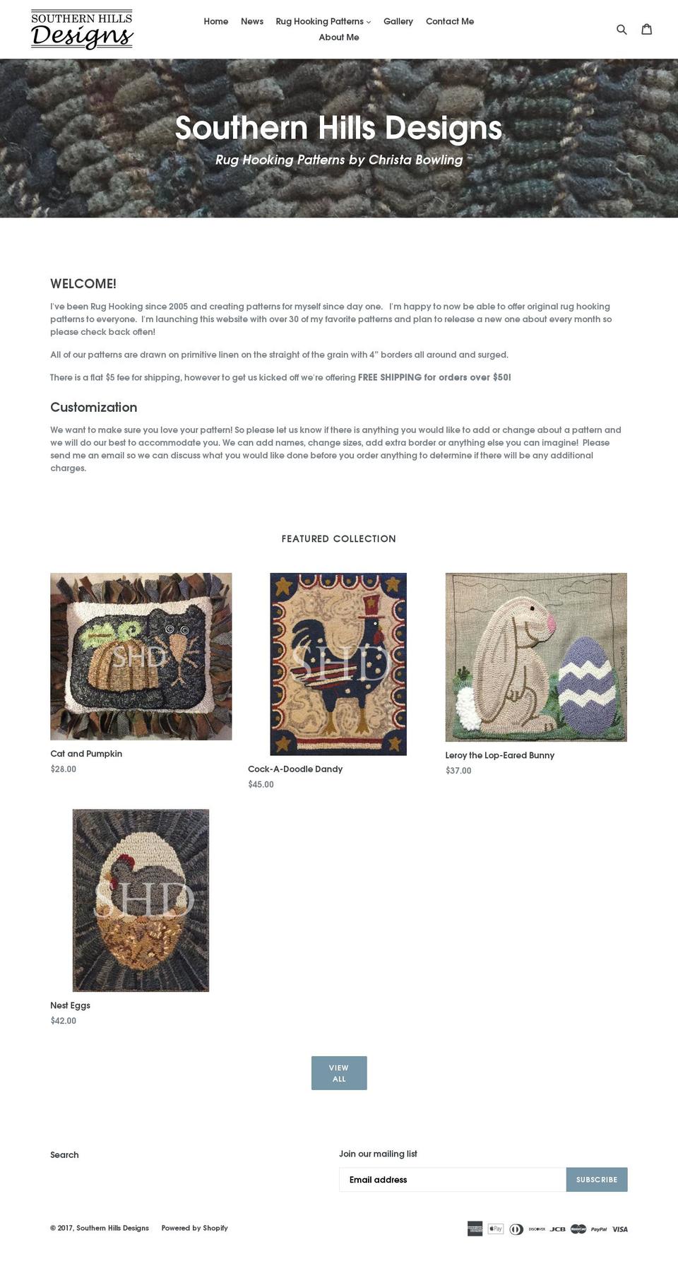 southernhillsdesigns.com shopify website screenshot