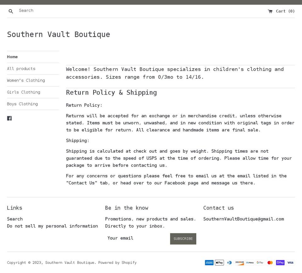 southernvaultboutique.com shopify website screenshot