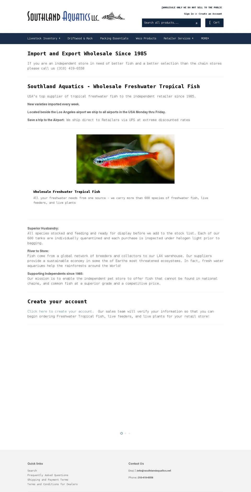 southlandaquatics.net shopify website screenshot