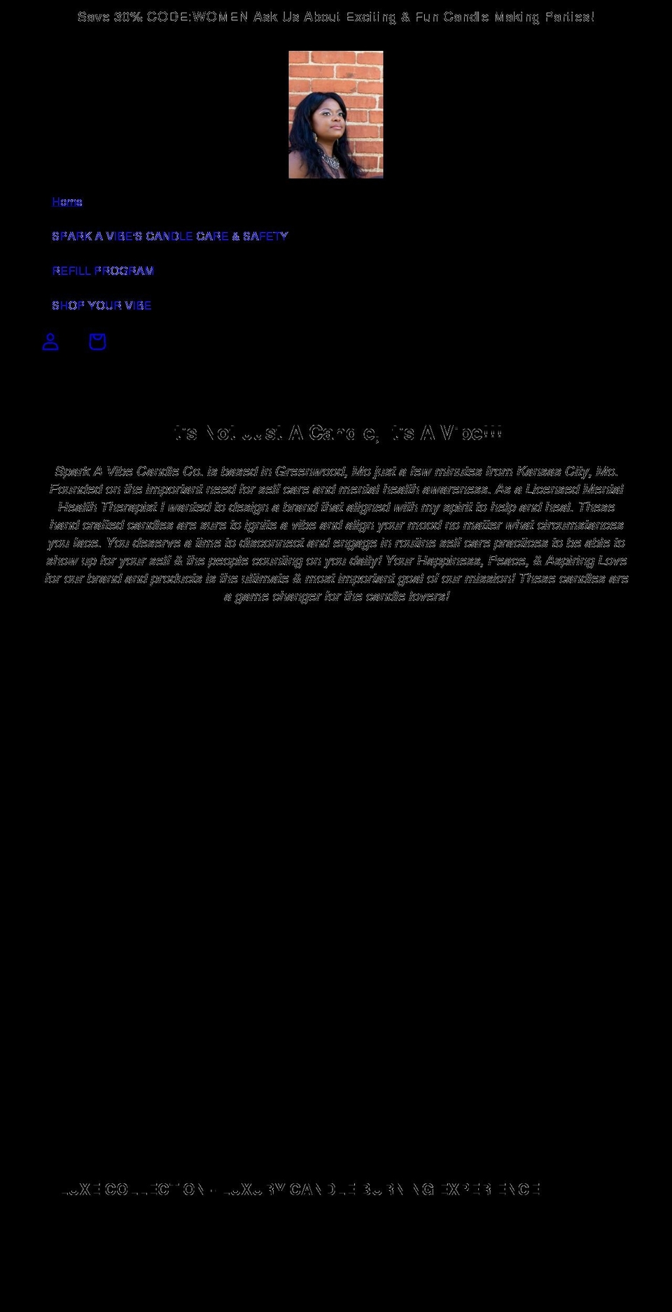 sparkavibecandleco.com shopify website screenshot