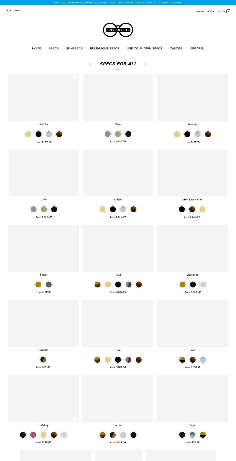 specsbylux.com — Shopify storefront screenshot