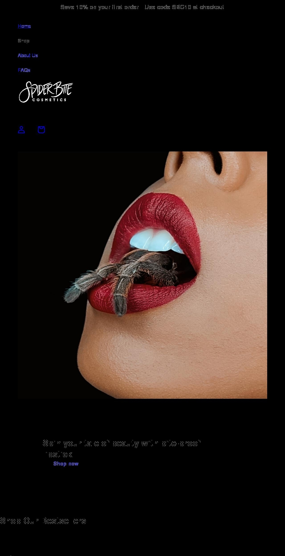 spiderbitecosmetics.com shopify website screenshot