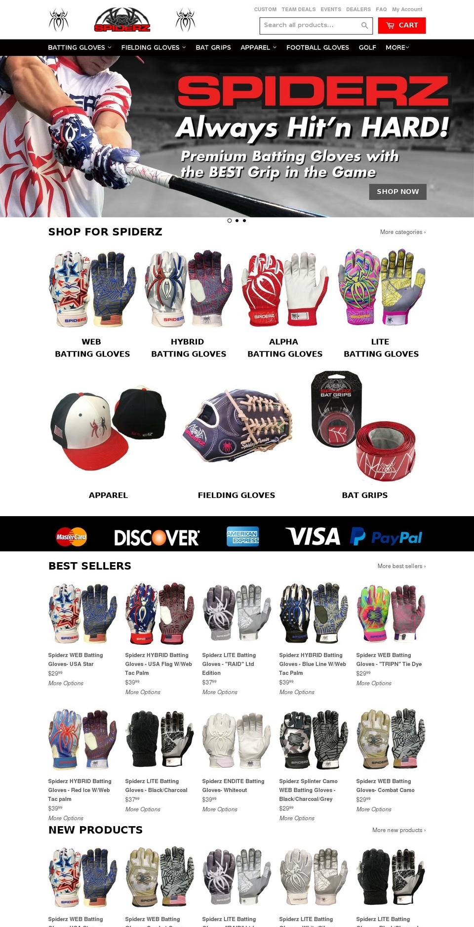 spiderzbattinggloves.com shopify website screenshot