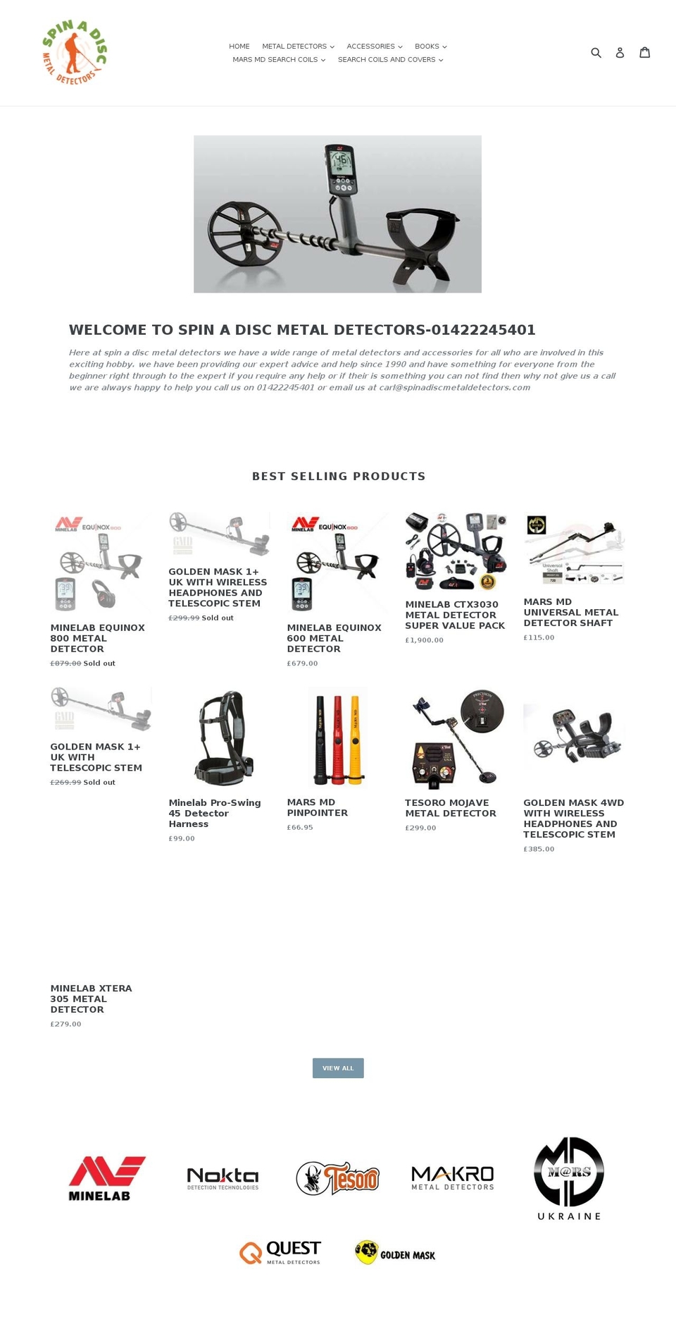 spinadiscmetaldetectors.com shopify website screenshot