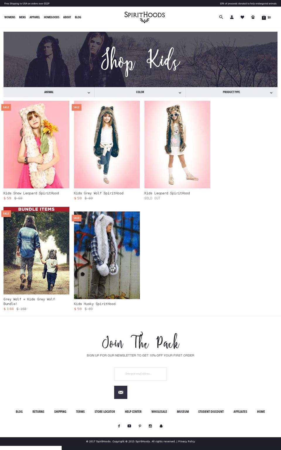 spirithoodskids.com shopify website screenshot