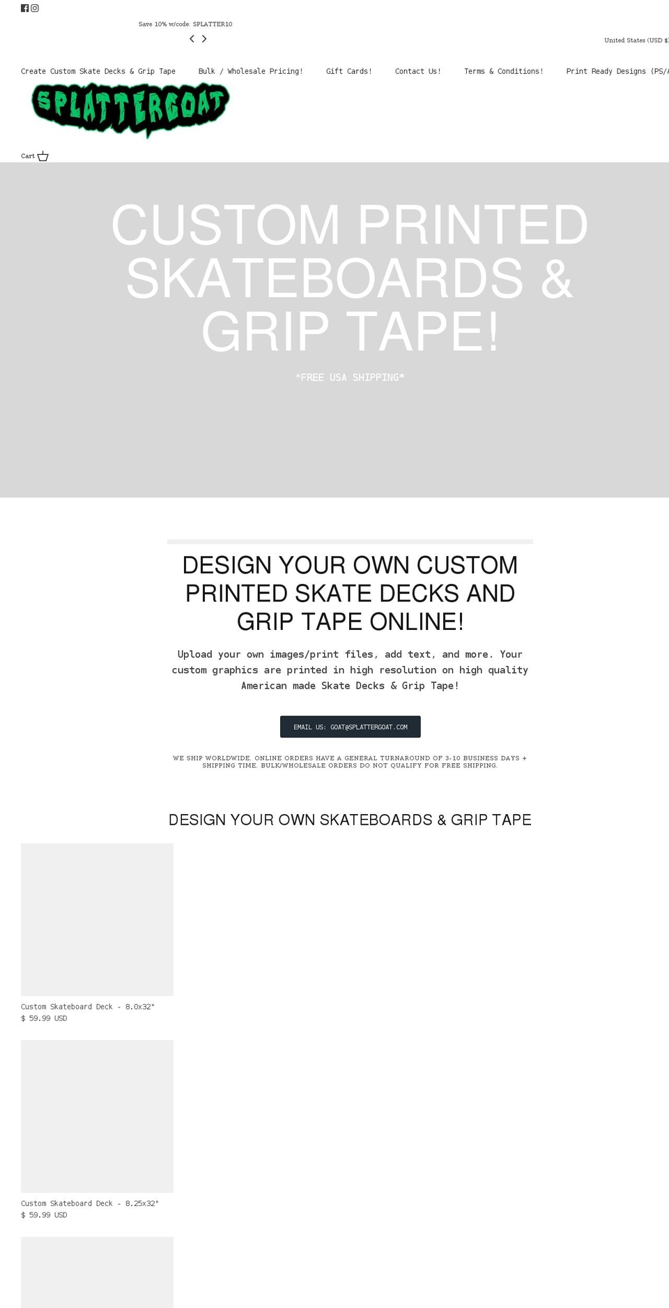 splattergoat.com — Shopify storefront screenshot