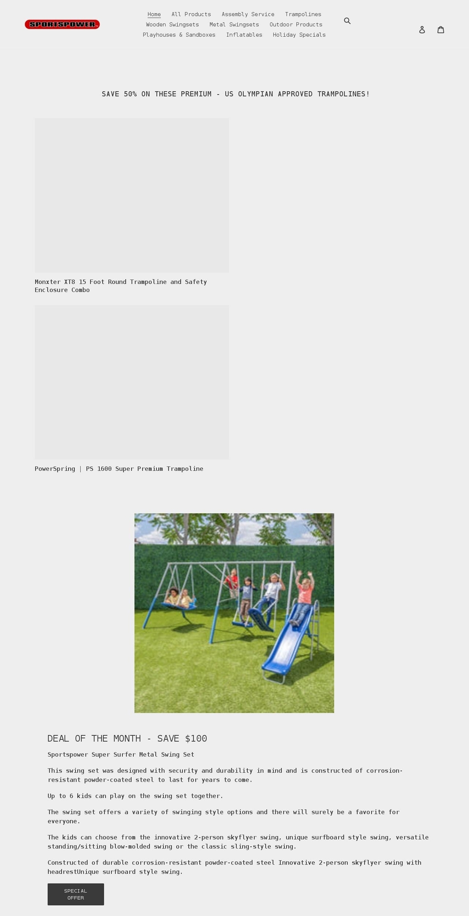 sportspowerswingsets.com shopify website screenshot