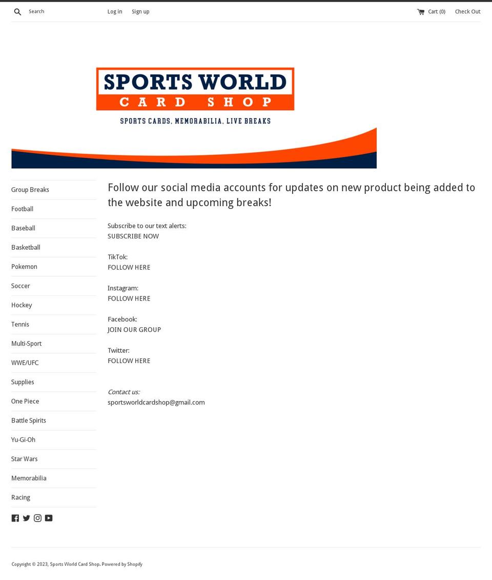 sportsworldcardshop.com — Shopify storefront screenshot