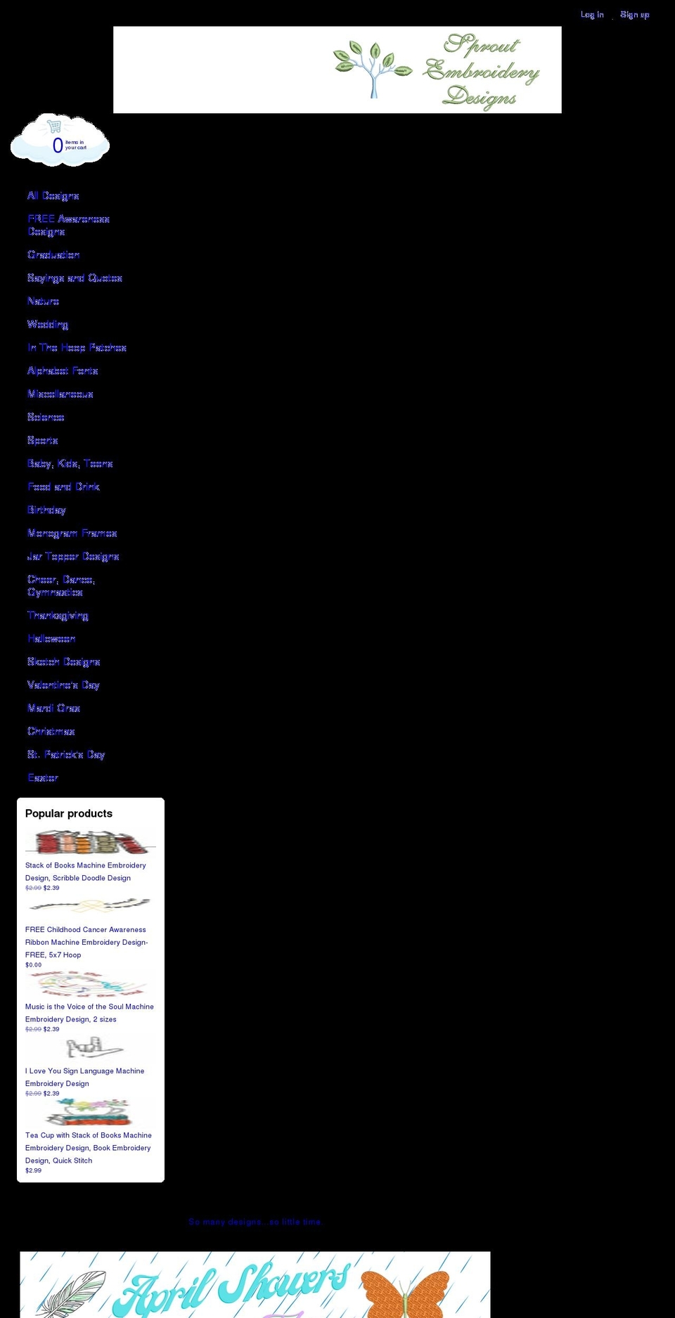 sproutembroiderydesigns.com shopify website screenshot