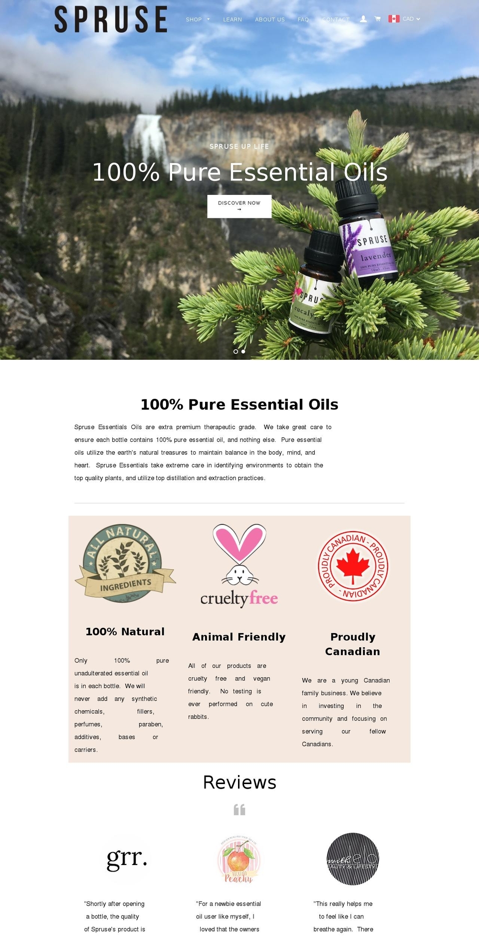 spruseessentials.com shopify website screenshot