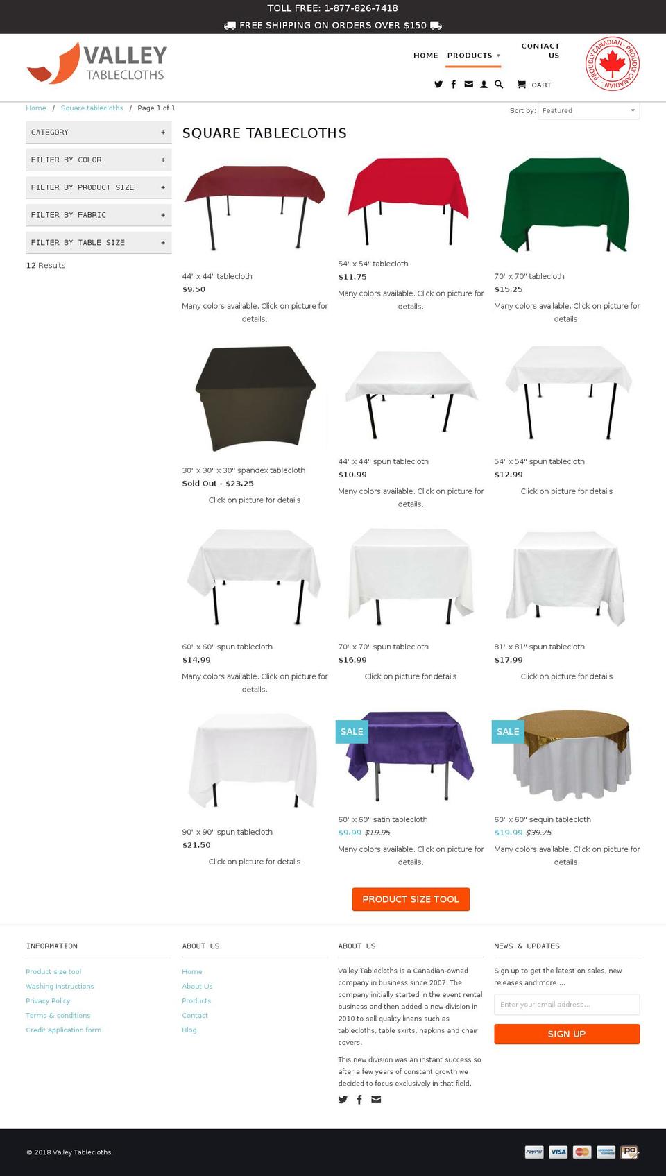Valley Tablecloth Shopify theme site example squaretableclothscanada.com