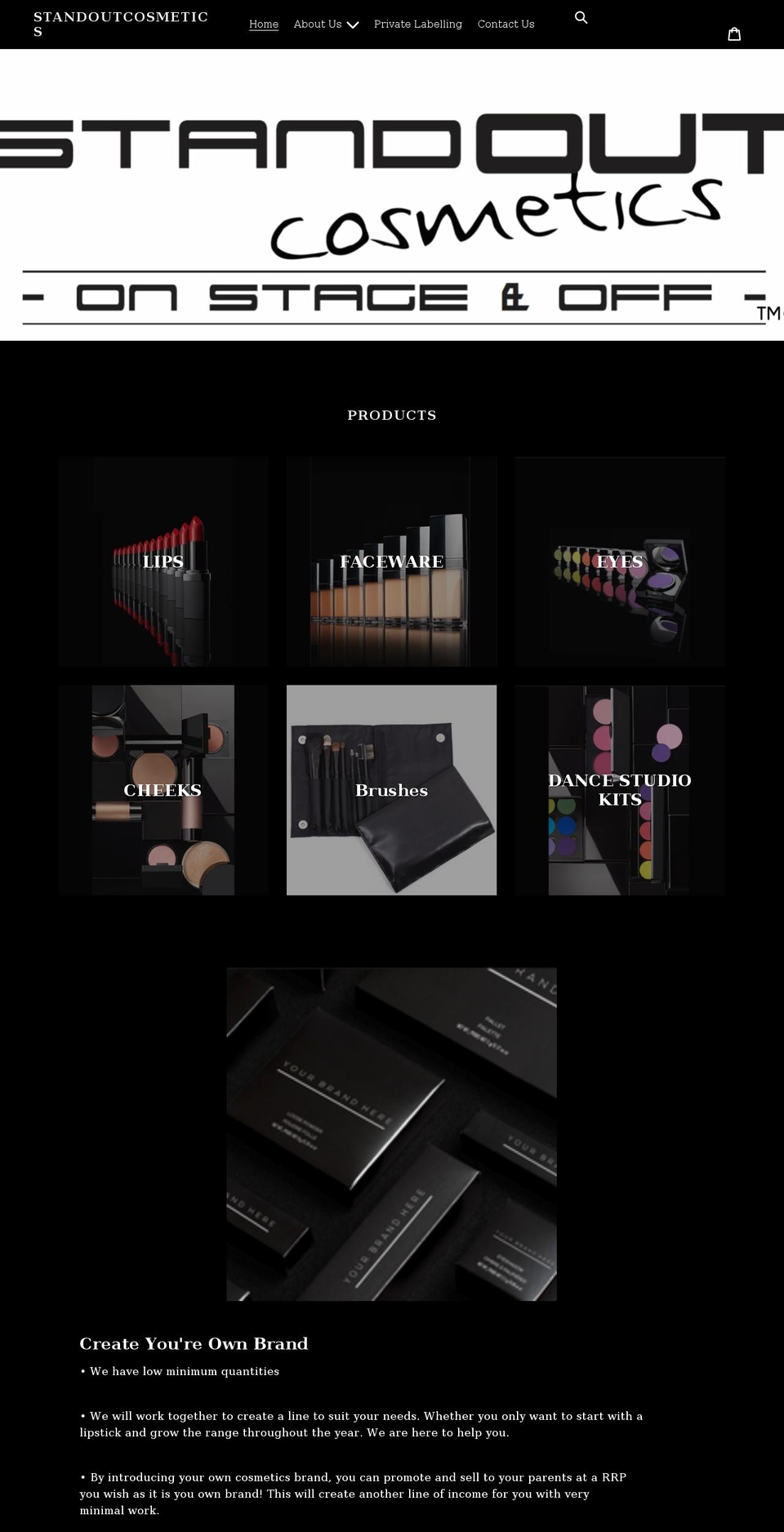 standoutcosmetics.com shopify website screenshot