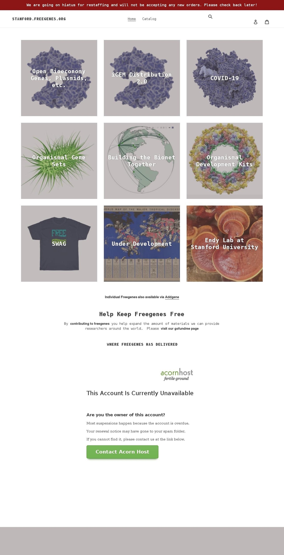 stanford.freegenes.org shopify website screenshot