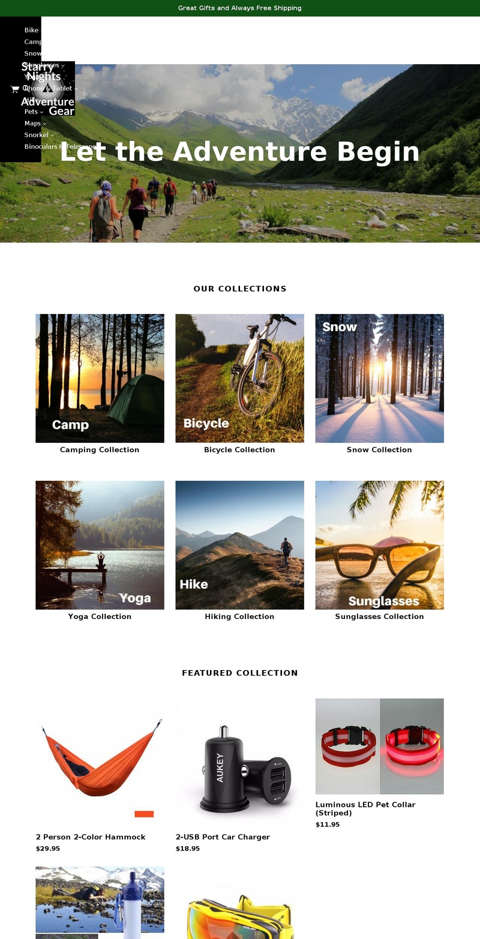 starrynightsadventuregear.com — Shopify storefront screenshot